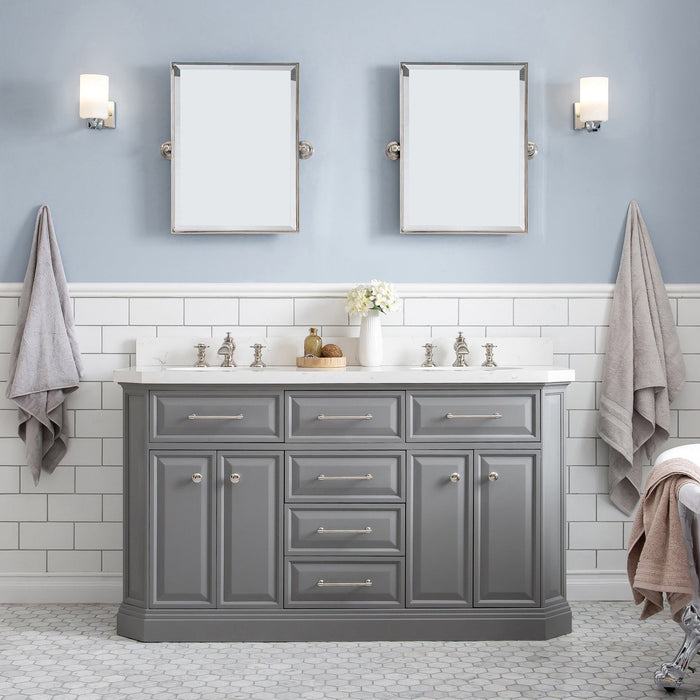 Water Creation Palace 60"" Palace Collection Quartz Carrara Cashmere Grey Bathroom Vanity Set With Hardware And F2-0013 Faucets in Satin Gold Finish And Only Mirrors in Chrome Finish PA60QZ06CG-000FX1306