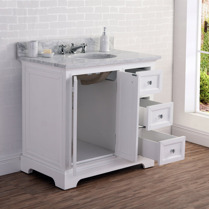 Water Creation Derby 36 Inch Wide Pure White Single Sink Carrara Marble Bathroom Vanity With Faucets From The Derby Collection DE36CW01PW-000BX0901