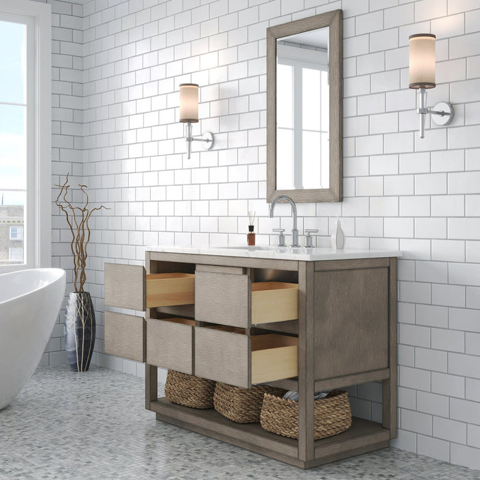 Water Creation Oakman 48" Single Sink Carrara White Marble Countertop Bath Vanity in Grey Oak with Rectangular Mirror