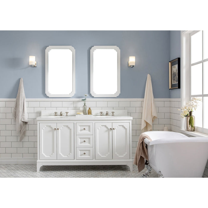 Water Creation Queen Queen 60-Inch Double Sink Quartz Carrara Vanity In Pure White With Matching Mirror s and F2-0009-05-BX Lavatory Faucet s QU60QZ05PW-Q21BX0905