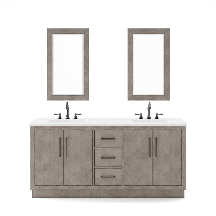 Water Creation Hugo 72" Double Sink Carrara White Marble Countertop Vanity in Grey Oak with Mirrors