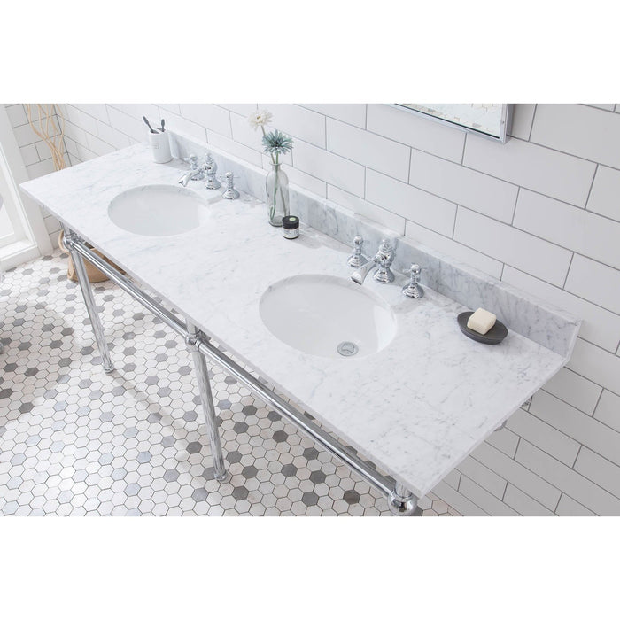 Water Creation Embassy Embassy 72 Inch Wide Double Wash Stand, P-Trap, Counter Top with Basin, F2-0013 Faucet and Mirror included in Chrome Finish EB72E-0113