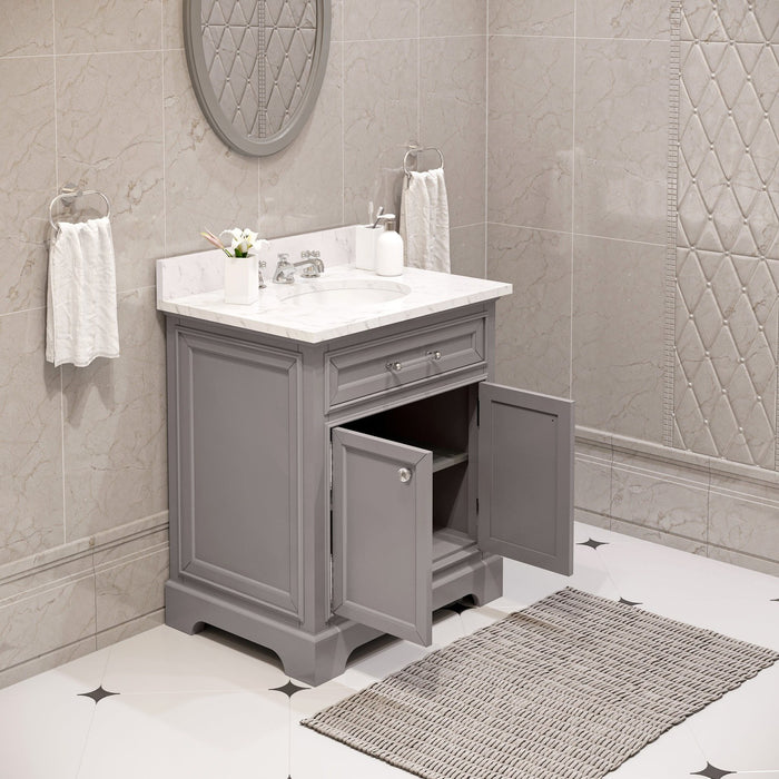 Water Creation Derby 30 Inch Cashmere Grey Single Sink Bathroom Vanity With Matching Framed Mirror And Faucet From The Derby Collection DE30CW01CG-O24BX0901