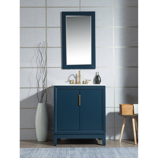 Water Creation Elizabeth Elizabeth 30-Inch Single Sink Carrara White Marble Vanity In Monarch Blue With Matching Mirror s and F2-0012-06-TL Lavatory Faucet s EL30CW06MB-R21TL1206