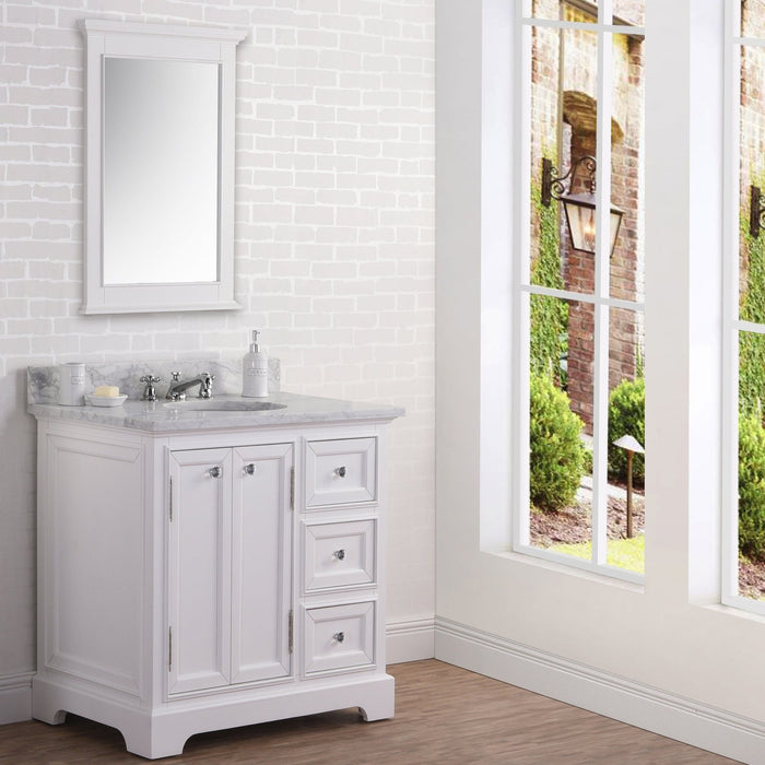 Water Creation Derby 36 Inch Wide Pure White Single Sink Carrara Marble Bathroom Vanity With Matching Mirror And Faucet s From The Derby Collection DE36CW01PW-B24BX0901