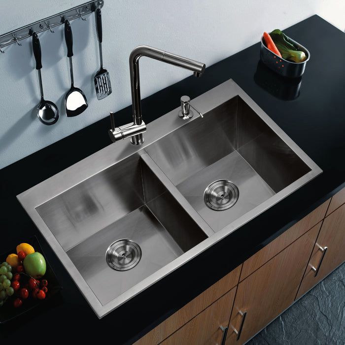 Water Creation 33 Inch X 22 Inch Zero Radius 50/50 Double Bowl Stainless Steel Hand Made Drop In Kitchen Sink With Drains and Strainers SSS-TD-3322A-16