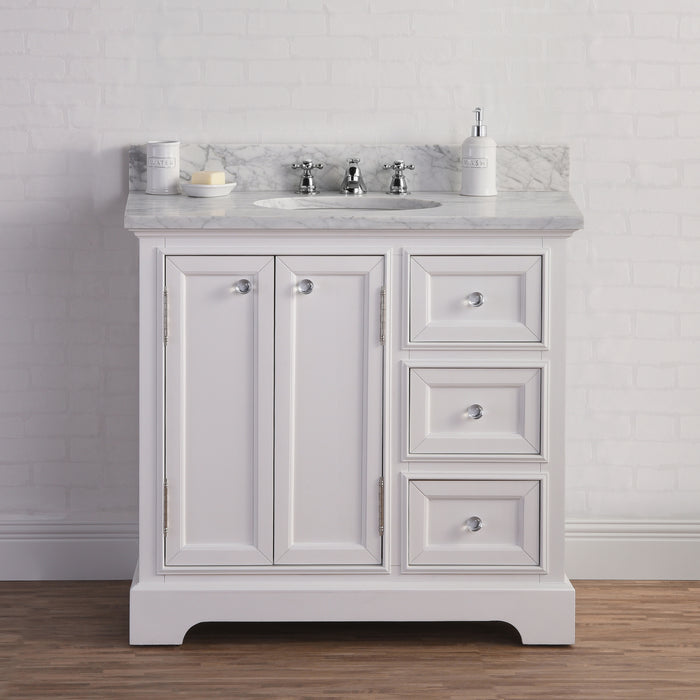 Water Creation Derby 36 Inch Wide Pure White Single Sink Carrara Marble Bathroom Vanity With Faucets From The Derby Collection DE36CW01PW-000BX0901