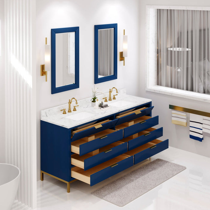 Water Creation Bristol Bristol 72 In. Double Sink Carrara White Marble Countertop Bath Vanity in Monarch Blue with Satin Gold Hook Faucets and Rectangular Mirrors S