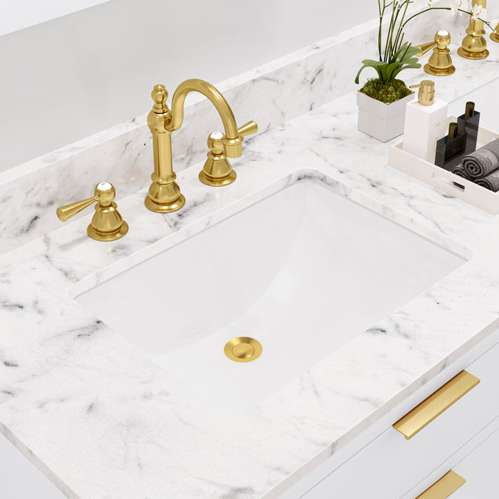 Water Creation Bristol Bristol 60 In. Double Sink Carrara White Marble Countertop Bath Vanity in Pure White with Satin Gold Hook Faucets