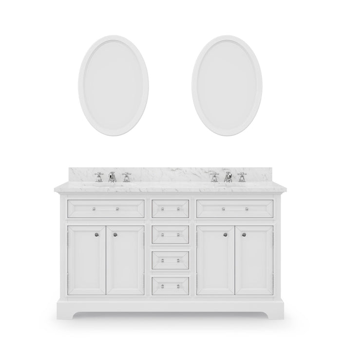 Water Creation Derby 60 Inch Pure White Double Sink Bathroom Vanity With Matching Framed Mirrors And Faucets From The Derby Collection DE60CW01PW-O21BX0901