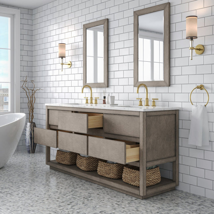 Water Creation Oakman Oakman 72 In. Double Sink Carrara White Marble Countertop Bath Vanity in Grey Oak with Gold Faucets OA72CW00GK-000BL1406