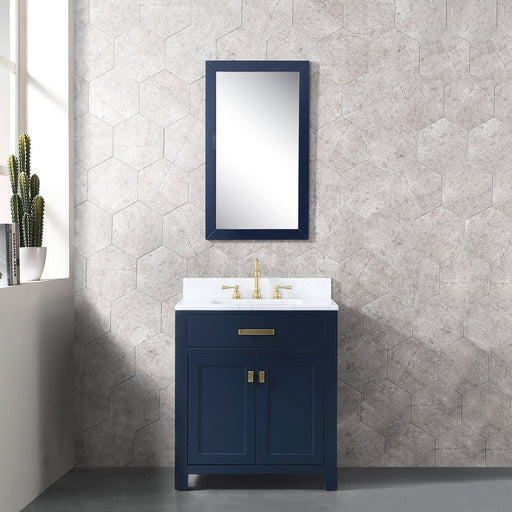 Water Creation Madison Madison 30-Inch Single Sink Carrara White Marble Vanity In Monarch Blue With Matching Mirror and F2-0012-06-TL Lavatory Faucet MS30CW06MB-R21TL1206