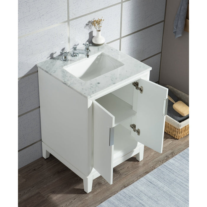 Water Creation Elizabeth Elizabeth 30-Inch Single Sink Carrara White Marble Vanity In Pure White With Matching Mirror s and F2-0009-01-BX Lavatory Faucet s EL30CW01PW-R21BX0901