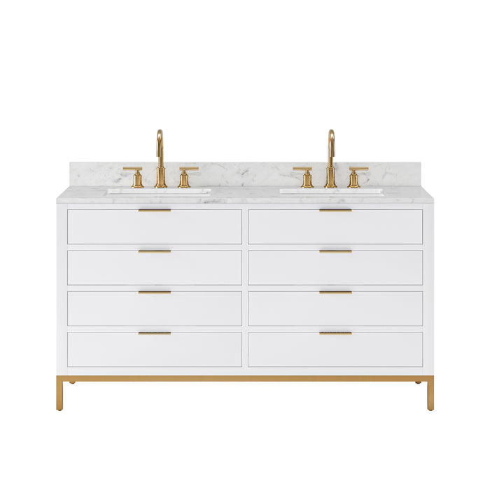 Water Creation Bristol Bristol 60 In. Double Sink Carrara White Marble Countertop Bath Vanity in Pure White with Satin Gold Gooseneck Faucets