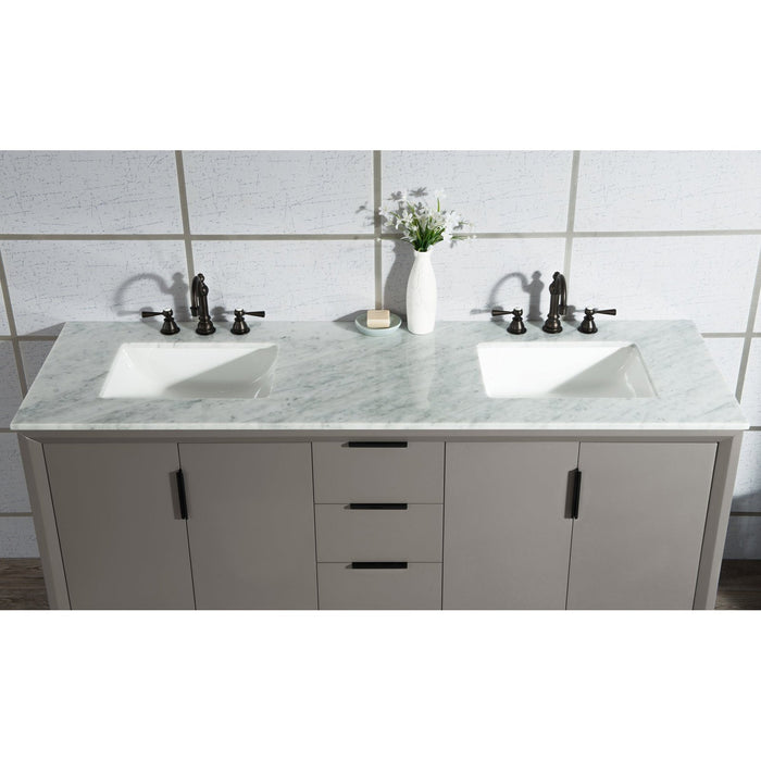 Water Creation Elizabeth Elizabeth 72-Inch Double Sink Carrara White Marble Vanity In Cashmere Grey With F2-0012-03-TL Lavatory Faucet s EL72CW03CG-000TL1203