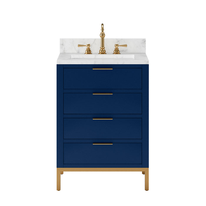 Water Creation Bristol Bristol 24 In. Single Sink Carrara White Marble Countertop Bath Vanity in Monarch Blue with Satin Gold Hook Faucet