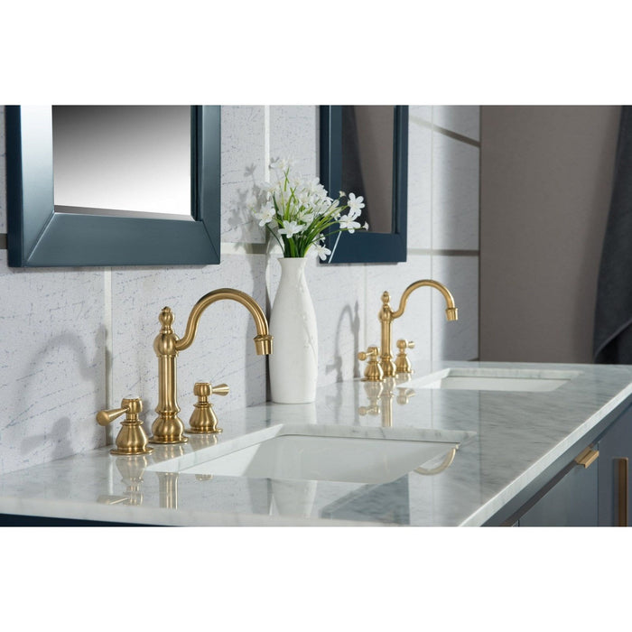 Water Creation Elizabeth Elizabeth 72-Inch Double Sink Carrara White Marble Vanity In Monarch Blue With Matching Mirror s and F2-0012-06-TL Lavatory Faucet s EL72CW06MB-R21TL1206