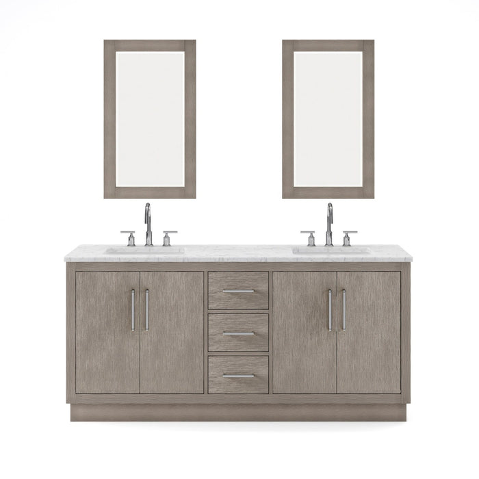 Water Creation Hugo 72" Double Sink Carrara White Marble Countertop Vanity in Grey Oak with Gooseneck Faucets and Mirrors