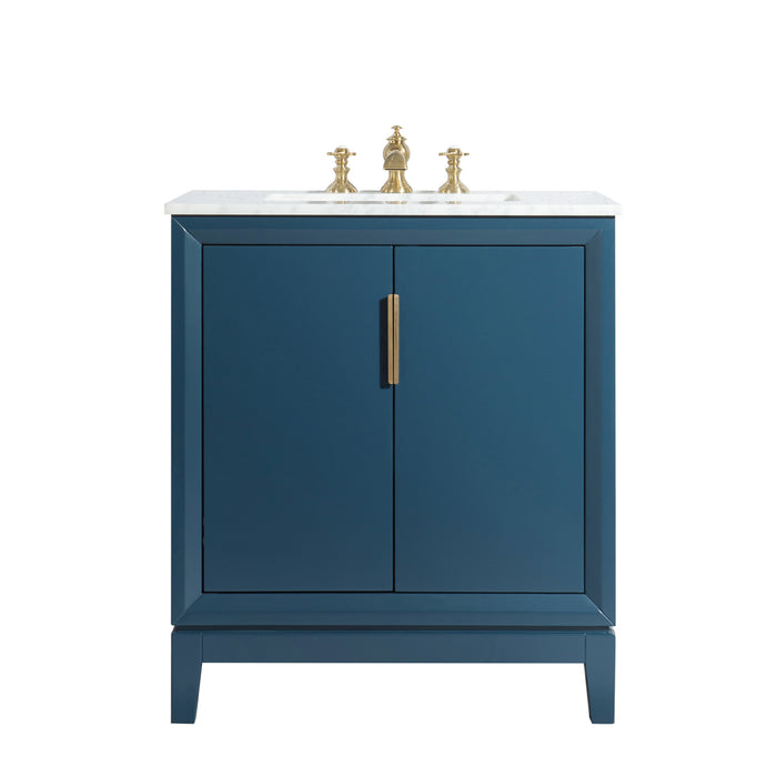 Water Creation Elizabeth Elizabeth 30-Inch Single Sink Carrara White Marble Vanity In Monarch Blue With F2-0013-06-FX Lavatory Faucet s EL30CW06MB-000FX1306