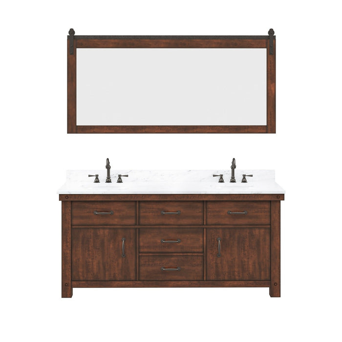 Water Creation Aberdeen Aberdeen 72 In. Double Sink Carrara White Marble Countertop Vanity in Rustic Sierra with Hook Faucets and Mirrors