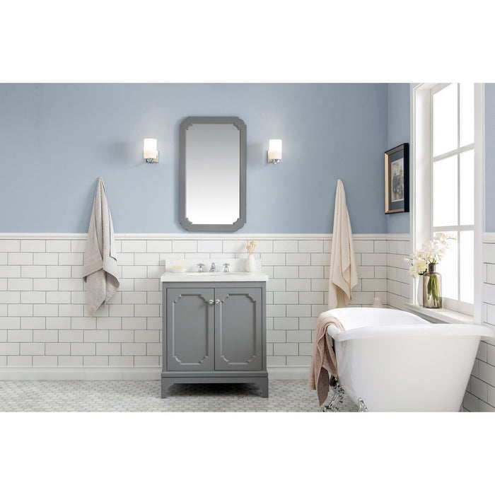Water Creation Queen Queen 30-Inch Single Sink Quartz Carrara Vanity In Cashmere Grey With Matching Mirror s and F2-0009-01-BX Lavatory Faucet s QU30QZ01CG-Q21BX0901