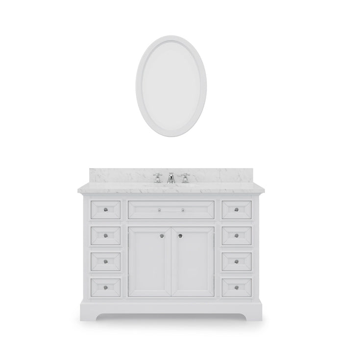 Water Creation Derby 48 Inch Pure White Single Sink Bathroom Vanity With Matching Framed Mirror And Faucet From The Derby Collection DE48CW01PW-O24BX0901