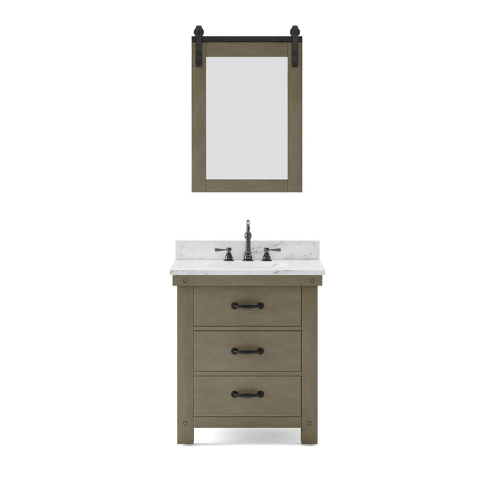 Water Creation Aberdeen 30" Single Sink Carrara White Marble Countertop Vanity in Grizzle Gray with Hook Faucet and Mirror
