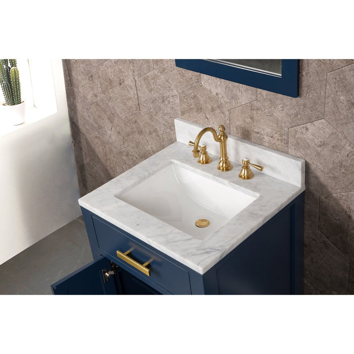 Water Creation Madison Madison 24-Inch Single Sink Carrara White Marble Vanity In Monarch Blue With F2-0012-06-TL Lavatory Faucet MS24CW06MB-000TL1206