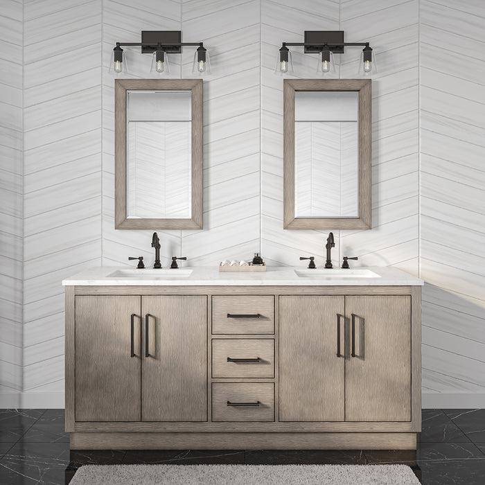 Water Creation Hugo 72" Double Sink Carrara White Marble Countertop Vanity in Grey Oak with Mirrors
