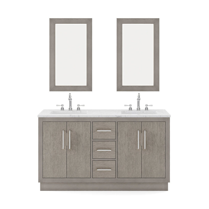 Water Creation Hugo 60" Double Sink Carrara White Marble Countertop Vanity in Grey Oak with Hook Faucets and Mirrors