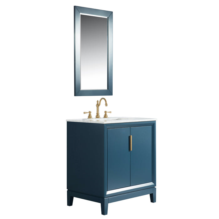 Water Creation Elizabeth Elizabeth 30-Inch Single Sink Carrara White Marble Vanity In Monarch Blue With Matching Mirror s and F2-0012-06-TL Lavatory Faucet s EL30CW06MB-R21TL1206