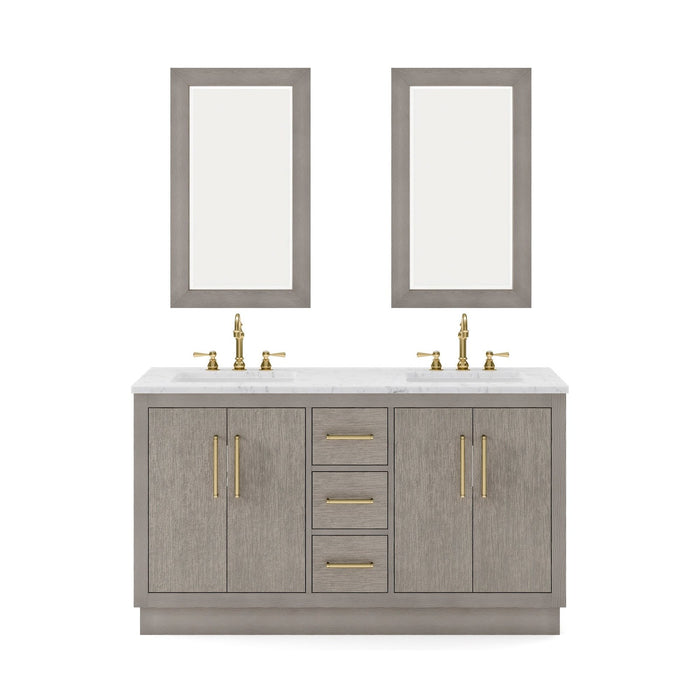 Water Creation Hugo 60" Double Sink Carrara White Marble Countertop Vanity in Grey Oak with Mirrors