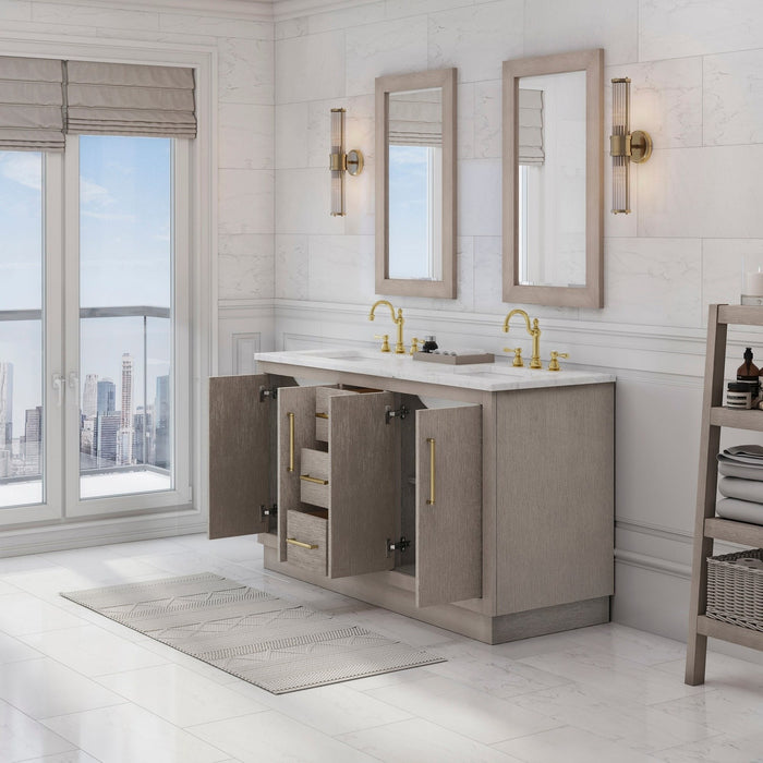 Water Creation Hugo 60" Double Sink Carrara White Marble Countertop Vanity in Grey Oak with Hook Faucets and Mirrors
