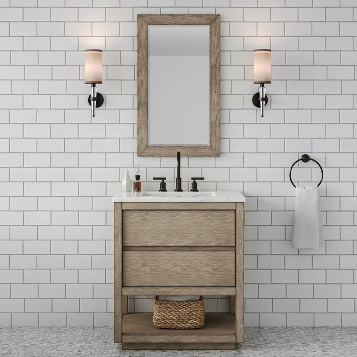 Water Creation Oakman 30" Single Sink Carrara White Marble Countertop Bath Vanity in Grey Oak with ORB Faucet