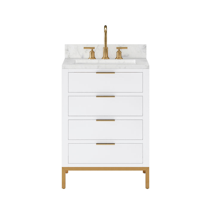 Water Creation Bristol Bristol 24 In. Single Sink Carrara White Marble Countertop Bath Vanity in Pure White with Satin Gold Gooseneck Faucet