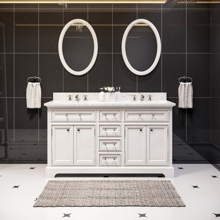 Water Creation Derby 60 Inch Pure White Double Sink Bathroom Vanity With Matching Framed Mirrors And Faucets From The Derby Collection DE60CW01PW-O21BX0901