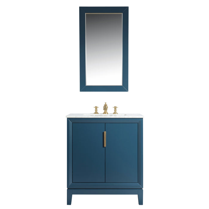 Water Creation Elizabeth Elizabeth 30-Inch Single Sink Carrara White Marble Vanity In Monarch Blue With Matching Mirror s and F2-0013-06-FX Lavatory Faucet s EL30CW06MB-R21FX1306