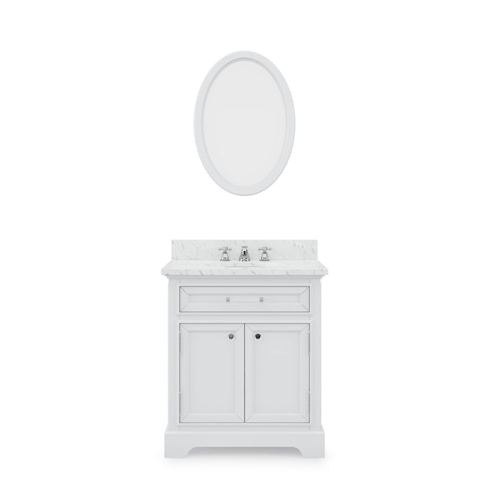 Water Creation Derby 30 Inch Pure White Single Sink Bathroom Vanity With Matching Framed Mirror And Faucet From The Derby Collection DE30CW01PW-O24BX0901