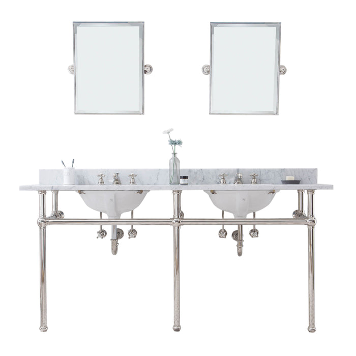 Water Creation Embassy Embassy 72 Inch Wide Double Wash Stand, P-Trap, Counter Top with Basin, F2-0009 Faucet and Mirror included in Polished Nickel PVD Finish EB72E-0509