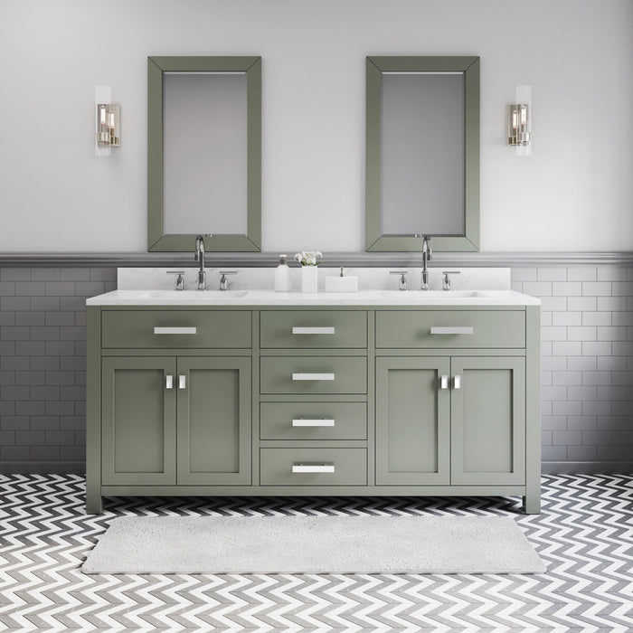 Water Creation Madison 72" Double Sink Carrara White Marble Countertop Vanity in Glacial Green with Gooseneck Faucet