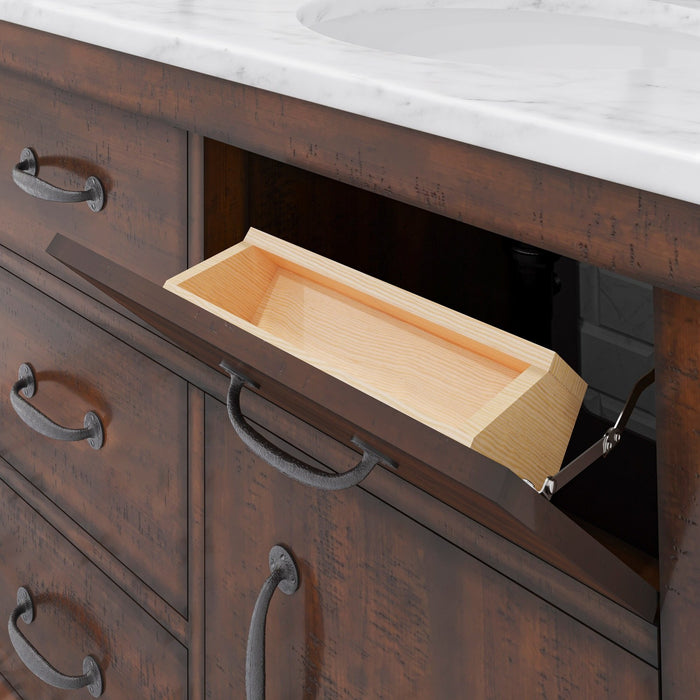 Water Creation Aberdeen Aberdeen 60 In. Double Sink Carrara White Marble Countertop Vanity in Rustic Sierra with Hook Faucets and Mirrors