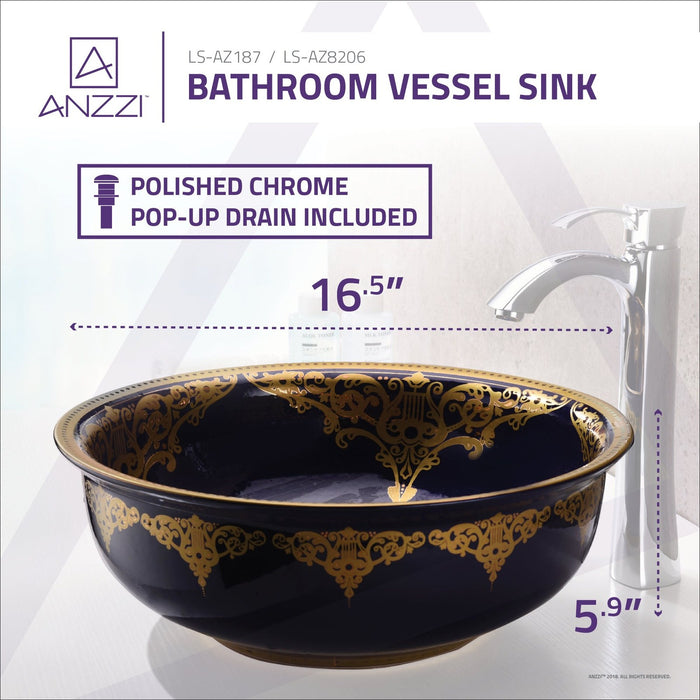 ANZZI Scepter Series 17" x 17" Deco-Glass Round Vessel Sink in Royal Blue Finish with Polished Chrome Pop-Up Drain LS-AZ187