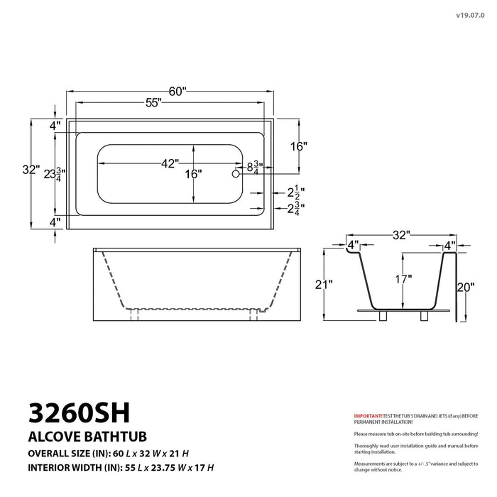 ANZZI Don Series White "60 x 32" Alcove Rectangular Bathtub with Built-In Flange and Frameless Matte Black Sliding Door