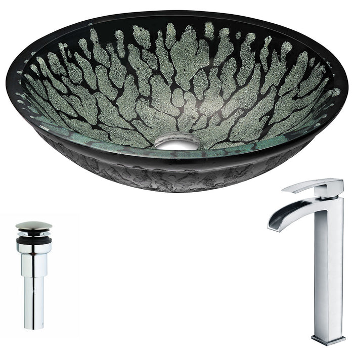 ANZZI Bravo Series 19" x 15" Deco-Glass Oval Shape Vessel Sink in Lustrous Black Finish with Polished Chrome Pop-Up Drain and Key Faucet LSAZ043-097