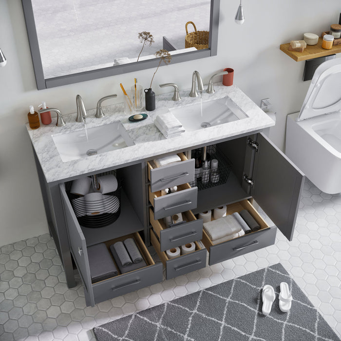 Eviva Aberdeen 48" Transitional Double Sink Bathroom Vanity in Espresso, Gray or White Finish with White Carrara Marble Countertop and Undermount Porcelain Sinks