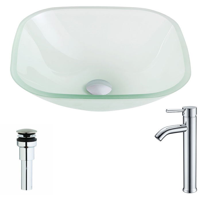 ANZZI Vista Series 17" x 17" Deco-Glass Square Shape Vessel Sink in Lustrous Frosted Finish with Polished Chrome Pop-Up Drain and Faucet