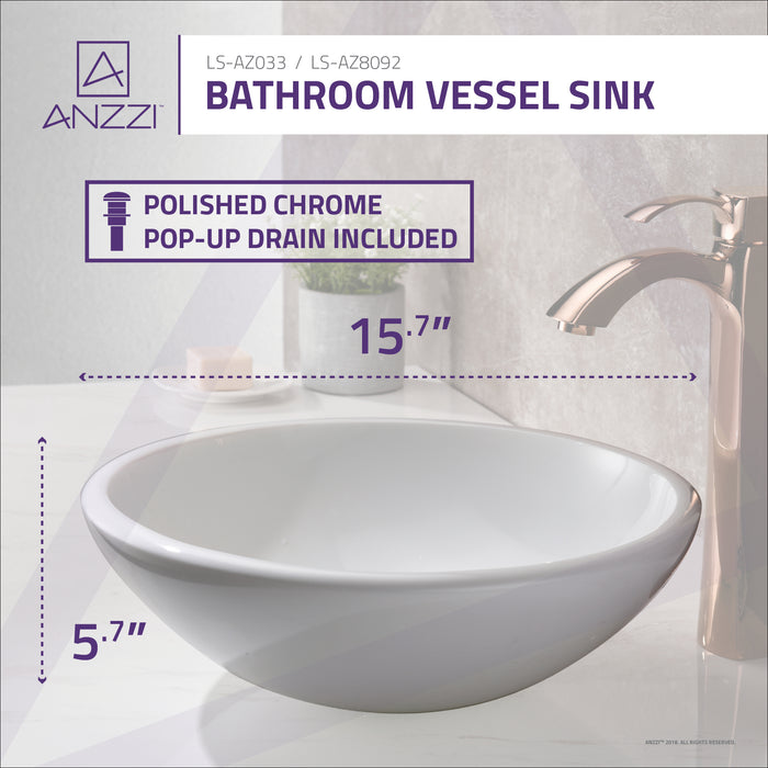 ANZZI Warika Series 16" x 16" Deco-Glass Round Vessel Sink in Glossy White Finish with Polished Chrome Pop-Up Drain LS-AZ8092