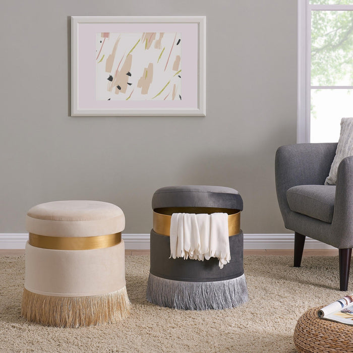 New Pacific Direct Suri Velvet Fabric Fringe Round Storage Ottoman 1600042-348