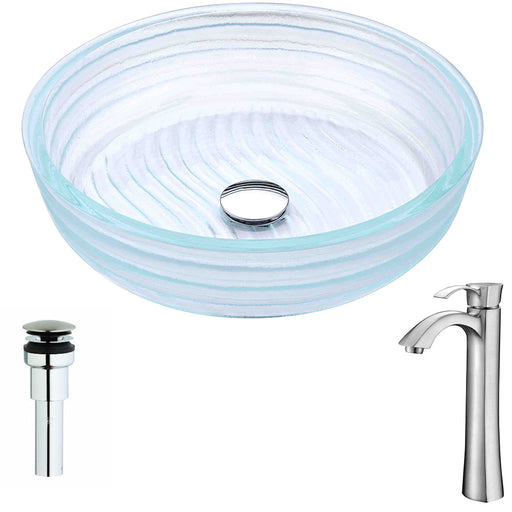 ANZZI Canta Series 17" x 17" Deco-Glass Cylinder Shape Vessel Sink in Translucent Crystal Finish with Chrome Pop-Up Drain and Brushed Nickel Faucet