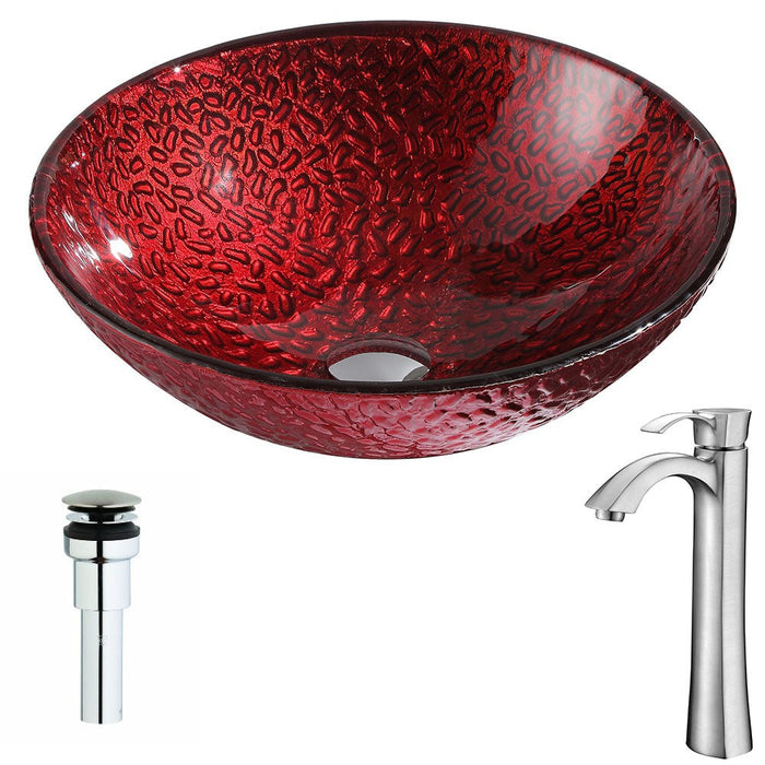 ANZZI Rhythm Series 17" x 17" Deco-Glass Round Vessel Sink in Lustrous Red Finish with Polished Chrome Pop-Up Drain and Brushed Nickel Faucet